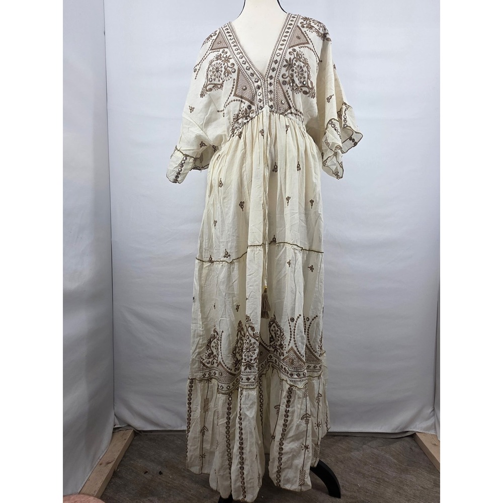 Bigg Bull by Caro Embroidered Mirror Work Maxi Dress Cream Brown AL-JOTT-103 OS